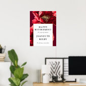 おしゃれな花柄の赤いハッピーリタイアメントウェルカムサイン ポスター (ホームオフィス)