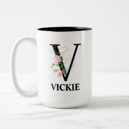 おしゃれな花柄のVモノグラムアルファベット ツートーンマグカップ