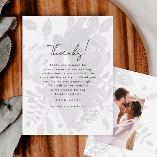 おしゃれな花柄オーバーレイ 紫の結婚式の写真にお礼を ポストカード