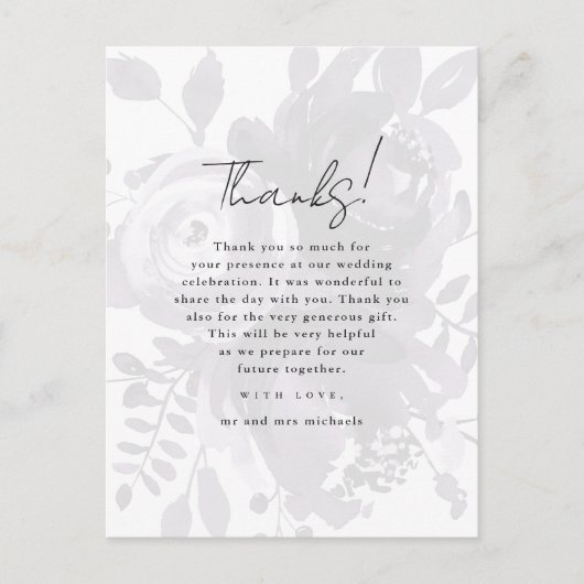 おしゃれな花柄オーバーレイ 紫の結婚式の写真にお礼を ポストカード (正面)