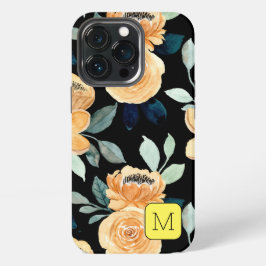 おしゃれな花柄 ブラック ベージュ ブルーイニシャル iPhone 13 PROケース