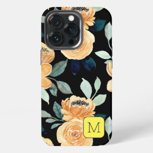 おしゃれな花柄 ブラック ベージュ ブルーイニシャル iPhone 13 PROケース