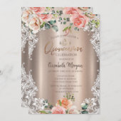 おしゃれな花、レース、ティアラのキンセアニエラ 招待状 (正面/裏面)