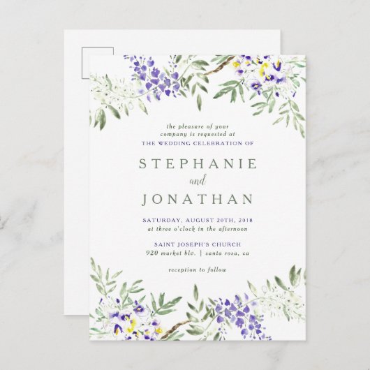 おしゃれな藤の花のリース ウェディング インビテーションポストカード (正面/裏面)