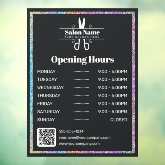 おしゃれな虹色グリッターの美容院営業時間 ウィンドウサイン (シート3)