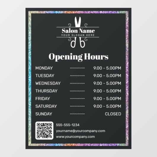 おしゃれな虹色グリッターの美容院営業時間 ウィンドウサイン (シート)