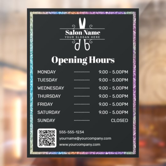 おしゃれな虹色グリッターの美容院営業時間 ウィンドウサイン (シート2)