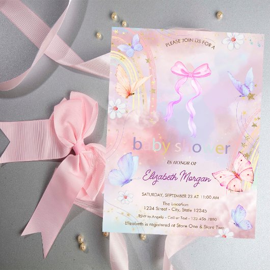 おしゃれな蝶々と花と虹のベビーシャワー 招待状