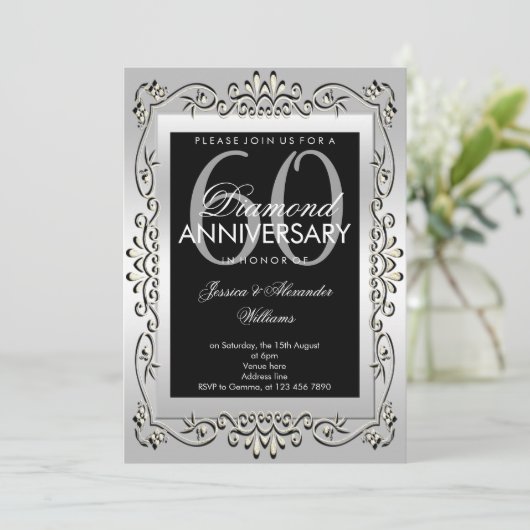 おしゃれな装飾 銀 60周年結婚記念日 招待状 (スタンド正面)