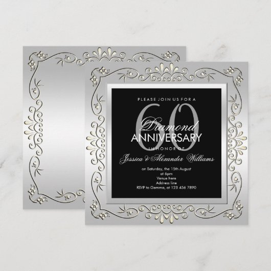 おしゃれな装飾　銀　60周年結婚記念日 招待状 (正面/裏面)