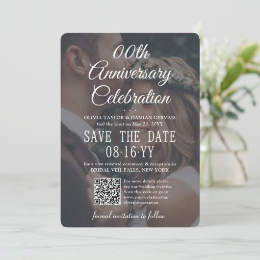 おしゃれな記念日パーティー　2枚の写真とQRコード セーブザデート (スタンド正面)