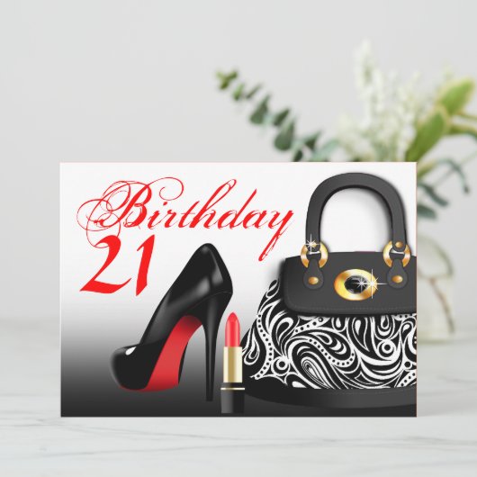 おしゃれな財布とハイヒールと口紅 21歳の誕生日 招待状 (スタンド正面)