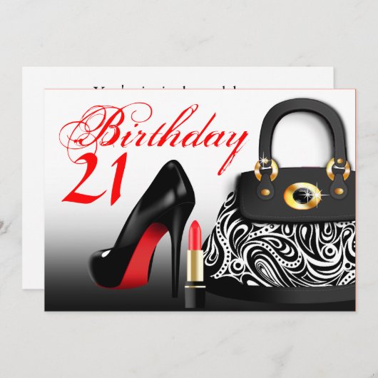 おしゃれな財布とハイヒールと口紅 21歳の誕生日 招待状 (正面/裏面)