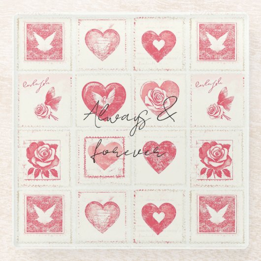 おしゃれな赤いクリーム バレンタイン ラブ ウェディング ガラスコースター (正面)