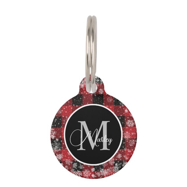 おしゃれな赤いバッファロープレイドの雪の結晶モノグラム名前 ペット　ネームタグ (正面)