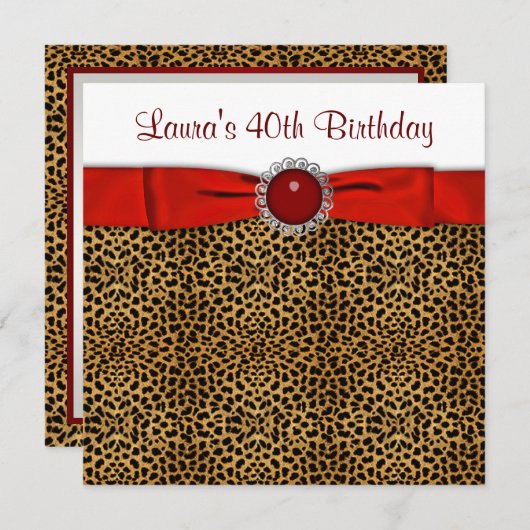 おしゃれな赤いヒョウ柄の誕生日パーティー 招待状 (正面/裏面)
