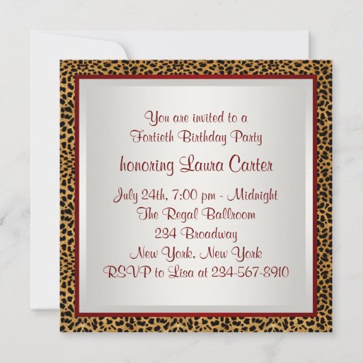 おしゃれな赤いヒョウ柄の誕生日パーティー 招待状 (裏面)