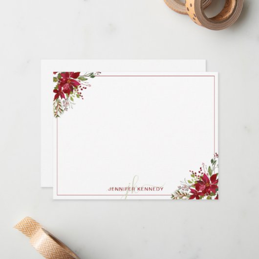 おしゃれな赤いポインセチアのクリスマス水彩花  ノートカード (正面/裏面インサイチュ)