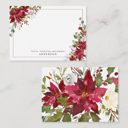おしゃれな赤いポインセチアのホリーデコレーション ノートカード (正面/裏面)