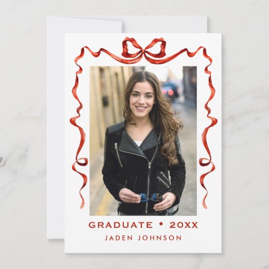 おしゃれな赤いリボン 5枚の写真 卒業パーティー 招待状 (正面)