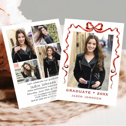 おしゃれな赤いリボン 5枚の写真 卒業パーティー 招待状