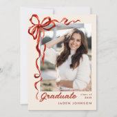 おしゃれな赤いリボン 5枚組 写真 卒業パーティー 招待状 (正面)
