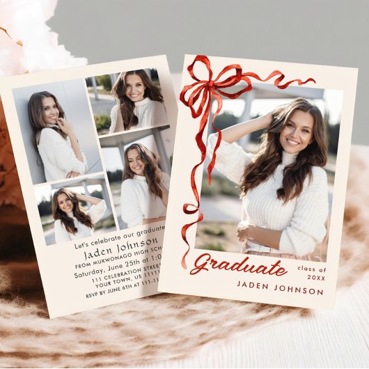 おしゃれな赤いリボン 5 枚の写真 卒業パーティー 招待状