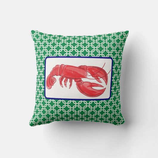おしゃれな赤いロブスターの緑と白のリンク柄 クッション (裏面)