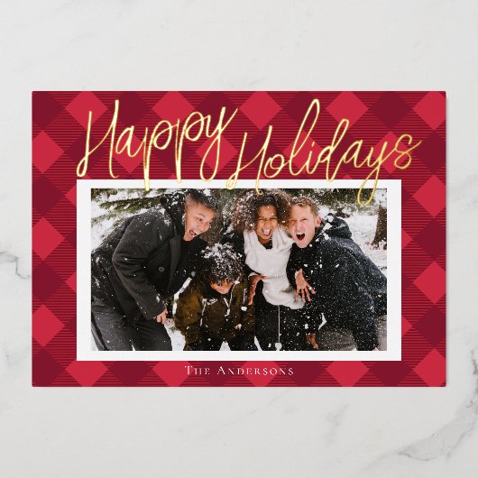おしゃれな赤い格子模様の写真箔ホリデーカード 箔シーズンカード (正面)
