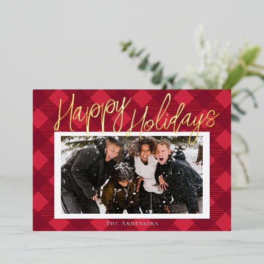 おしゃれな赤い格子模様の写真箔ホリデーカード 箔シーズンカード (立ち正面)