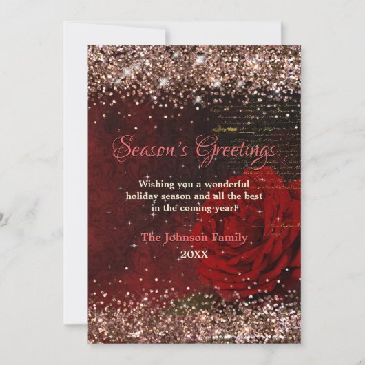 おしゃれな赤い花のゴールドグリッタークリスマス新年 (正面)
