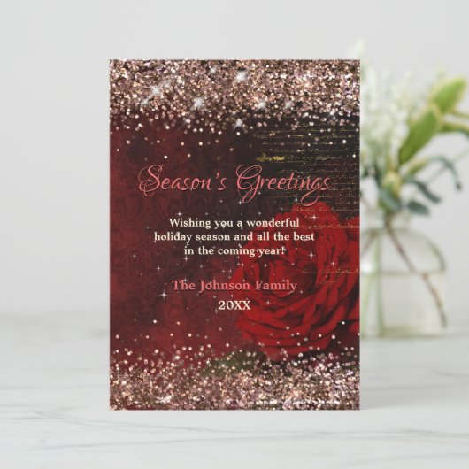 おしゃれな赤い花のゴールドグリッタークリスマス新年 (スタンド正面)