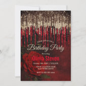 おしゃれな赤い花のゴールドドリップス グリッター モノグラム 招待状 (正面)