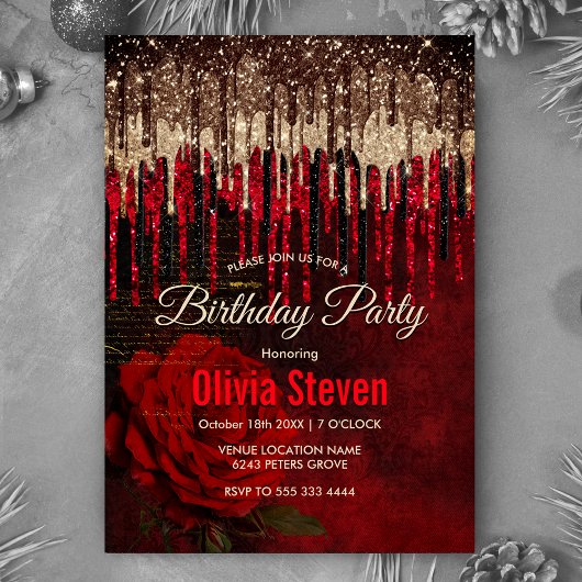 おしゃれな赤い花のゴールドドリップス グリッター モノグラム 招待状