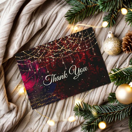 おしゃれな赤い花のホリデーグリッターイルミネーション サンキューカード