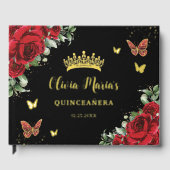 おしゃれな赤い花の蝶のブラック キンセアニエラ ゴールド ゲストブック (正面)