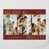 おしゃれな赤がアクセントのクリスマスカード「Merry and Bright 3」- 現代的でスタイ 箔シーズンカード (正面)