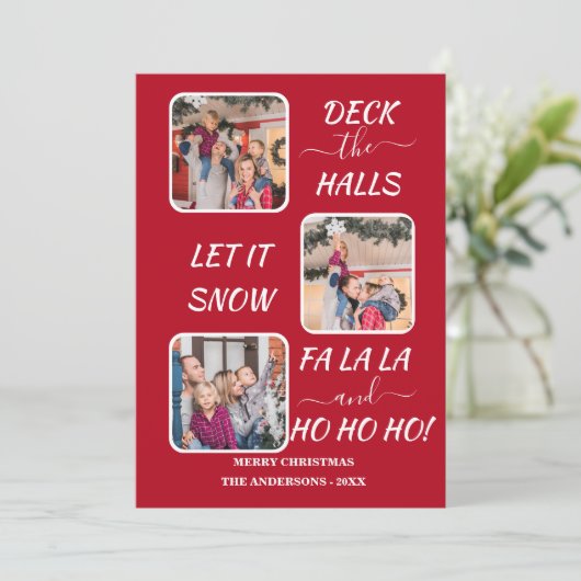 おしゃれな赤と白のクリスマス ホリデー フォト 3 枚 シーズンカード (スタンド正面)