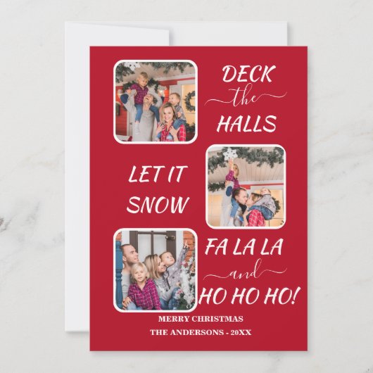 おしゃれな赤と白の楽しいクリスマス写真3枚 シーズンカード (正面)