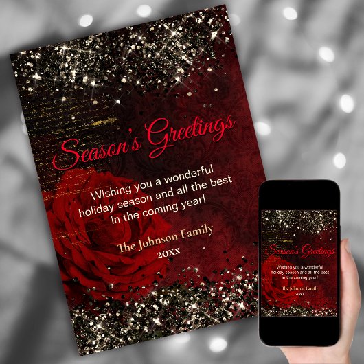 おしゃれな赤と金のグリッターが輝くクリスマスと新年の挨拶カード カード