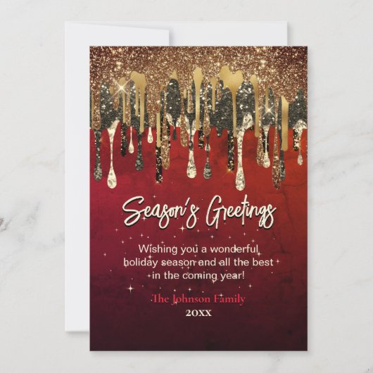 おしゃれな赤と金のドリップがクリスマスと新年の挨拶を彩る カード (正面)