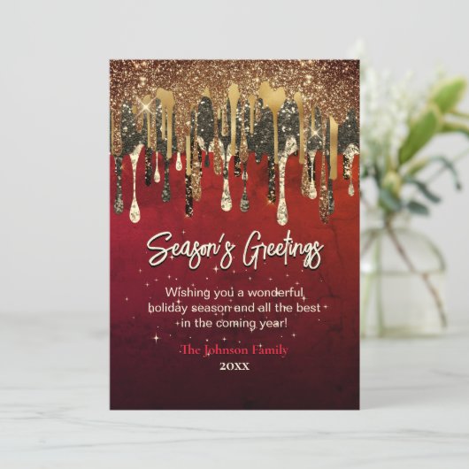 おしゃれな赤と金のドリップがクリスマスと新年の挨拶を彩る カード (スタンド正面)