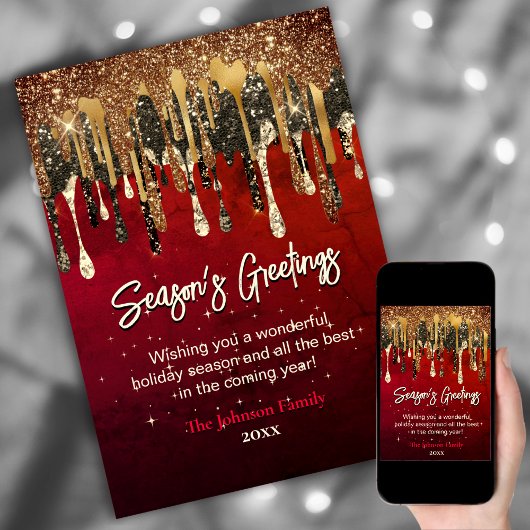 おしゃれな赤と金のドリップがクリスマスと新年の挨拶を彩る カード