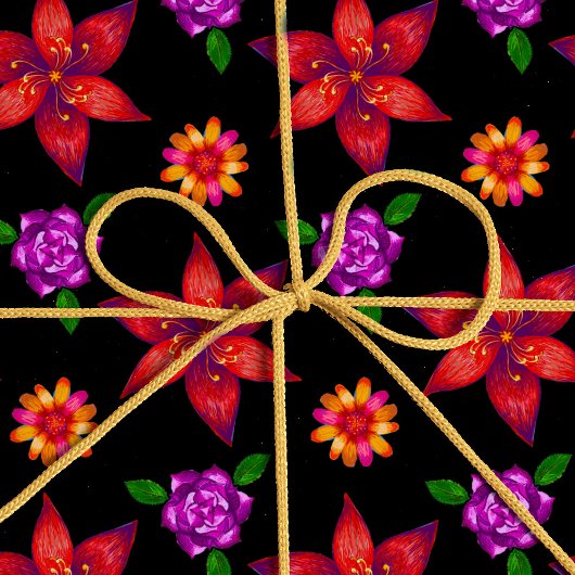 おしゃれな赤と黒のトロピカルエキゾチックフラワーパターン ラッピングペーパー