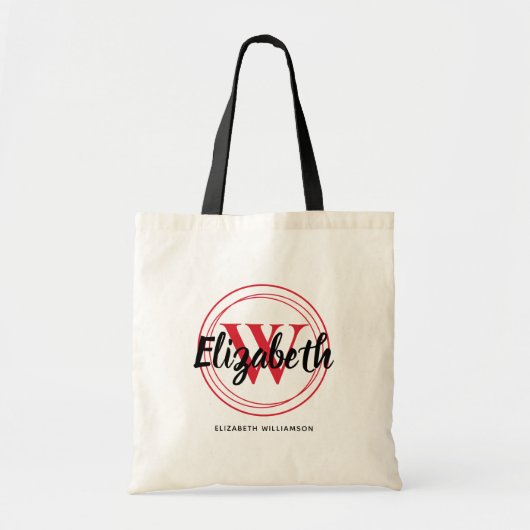 おしゃれな赤のモノグラムイニシャルスクリプト名 トートバッグ (正面)