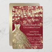 おしゃれな赤金色のストリングライトがきらきらするドレスのキンセア 招待状 (正面/裏面)