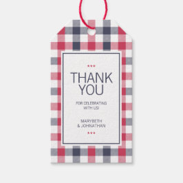 おしゃれな赤、白、青の格子模様のウェディングお礼メッセージ ギフトタグ