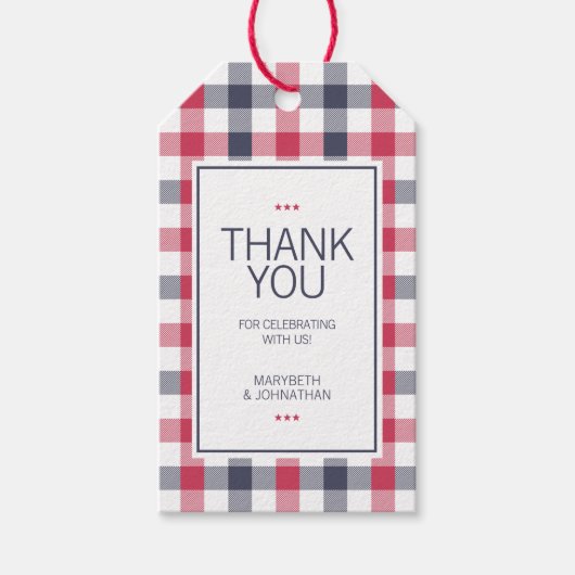 おしゃれな赤、白、青の格子模様のウェディングお礼メッセージ ギフトタグ (正面)
