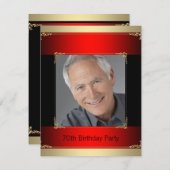 おしゃれな赤、黒、金の70歳の誕生日パーティー 招待状 (正面/裏面)