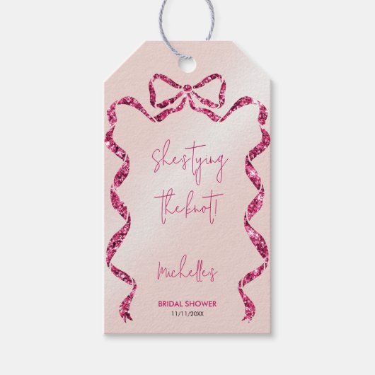 おしゃれな輝きピンクの蝶結び ウェディング ギフトタグ (正面)